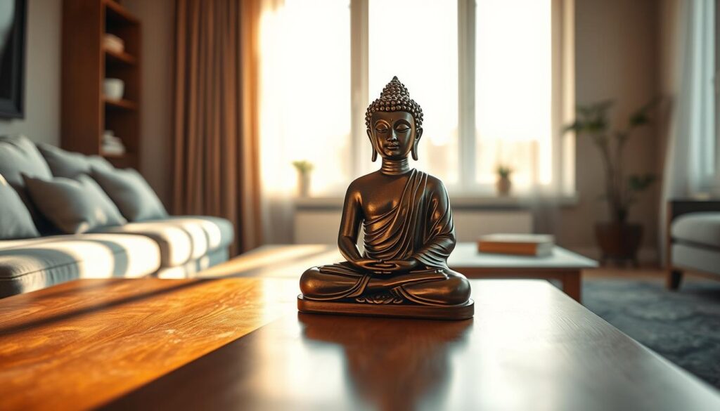 Buddha-Statue im Wohnzimmer, ruhige Atmosphäre Buddha-Statue im Wohnzimmer, ruhige Atmosphäre